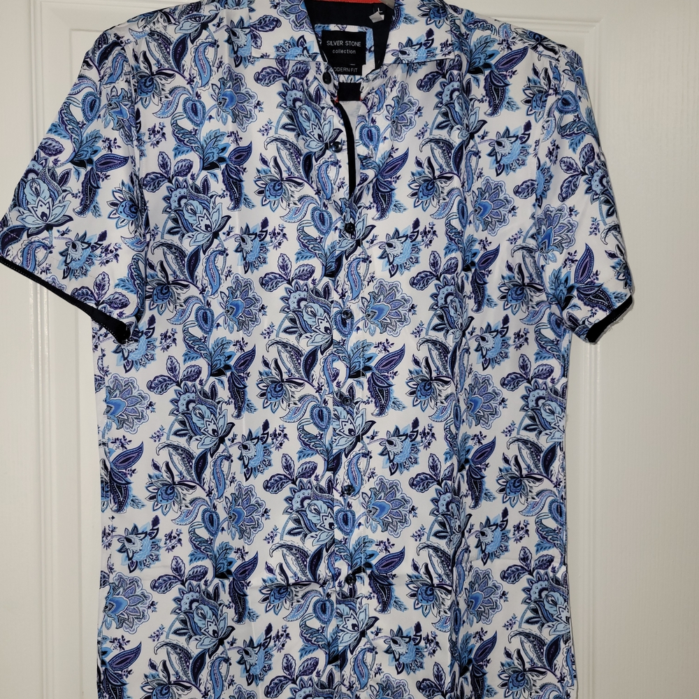 NWT Silver Stone Floral Collection Blue White Button Down Shirt Large Modern Fit